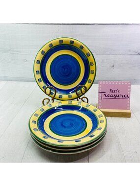 Tabletops Barcelona GREEN VIOLET Flower Squares Stoneware Salad Plates Set of 4